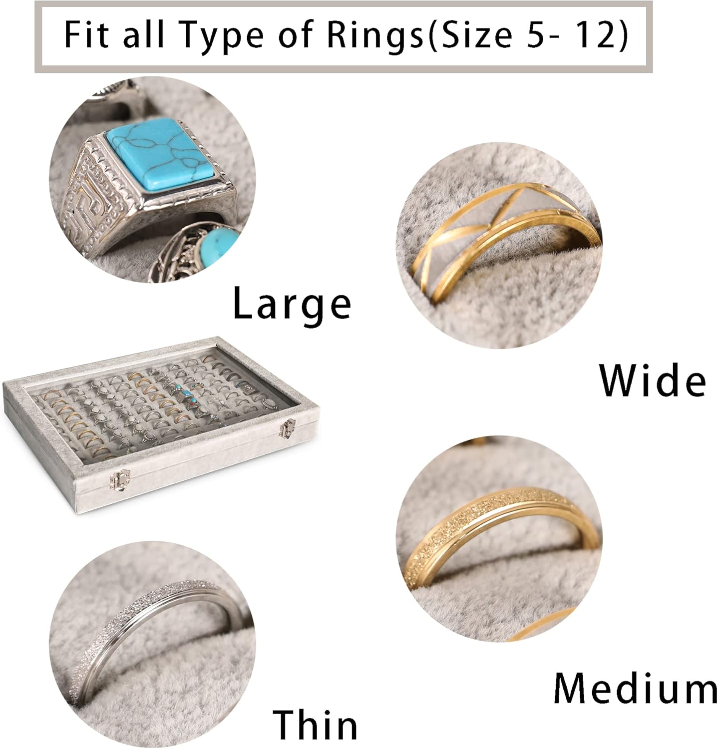 Frebeauty Ring Organizer Tray 100 Slots Ring Holder with Clear Lid Velvet Storage Box Jewelry Tray for Jewelry Store Earring Display Case for Jewelry Show Studs Box for Women(Grey)