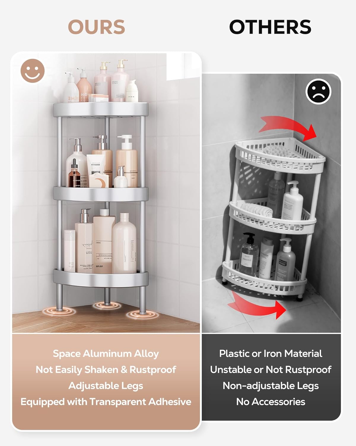 Nieifi Corner Shower Caddy Stand-3 Tier Rustproof Anodized Aluminum Standing Shower Organizer-Shower Caddy Corner-Dual Stability to Anti-Shaking-Height-Adjustable Legs for Uneven Surfaces-Silver