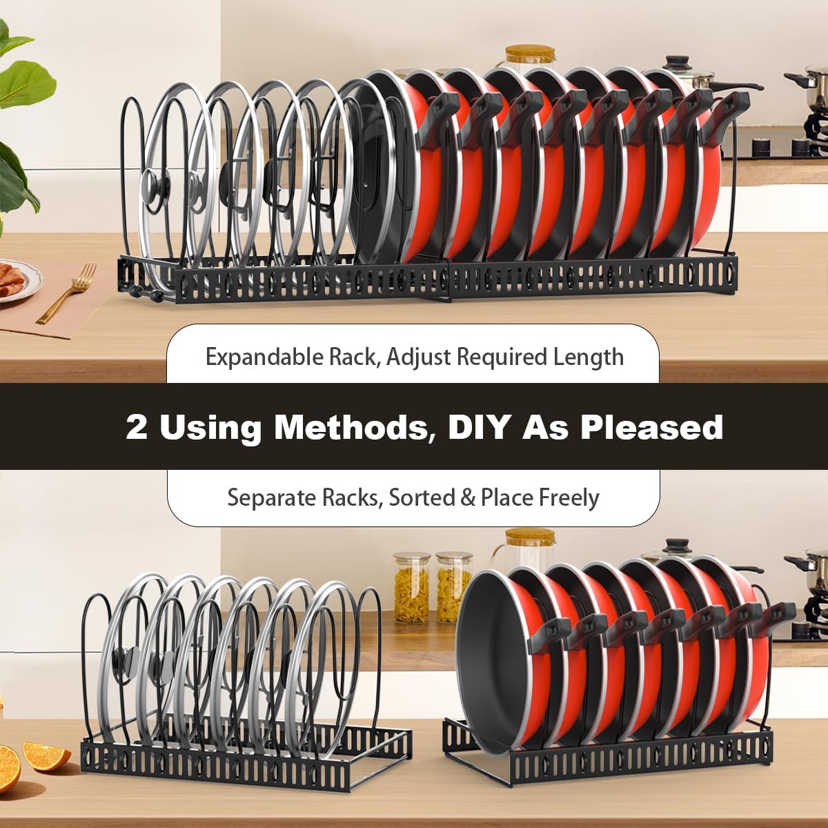 Housolution Pot and Pan Organizer Rack for Cabinet, Expandable Pot Lid Organizer Holder with 14 Adjustable Dividers, Fully Expanded Size 22.83" W x 7.09" D x 7.09" H, Black