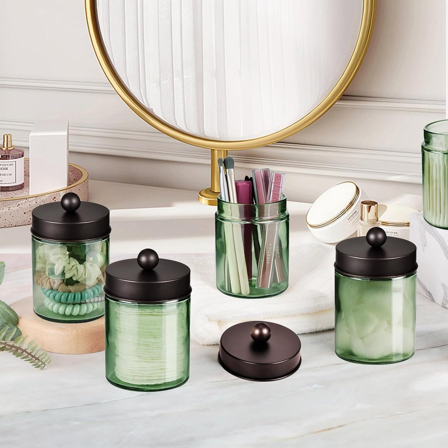 Amolliar Sage Green Qtip Holder, Glass ApothecaryJar Metal Lid & Stickers, Bathroom Qtip Holder Storage Canister, Farmhouse Decor for Cotton Balls, Swabs, Makeup Pads, Bath Salt, Floss, Bronze 2 Pack