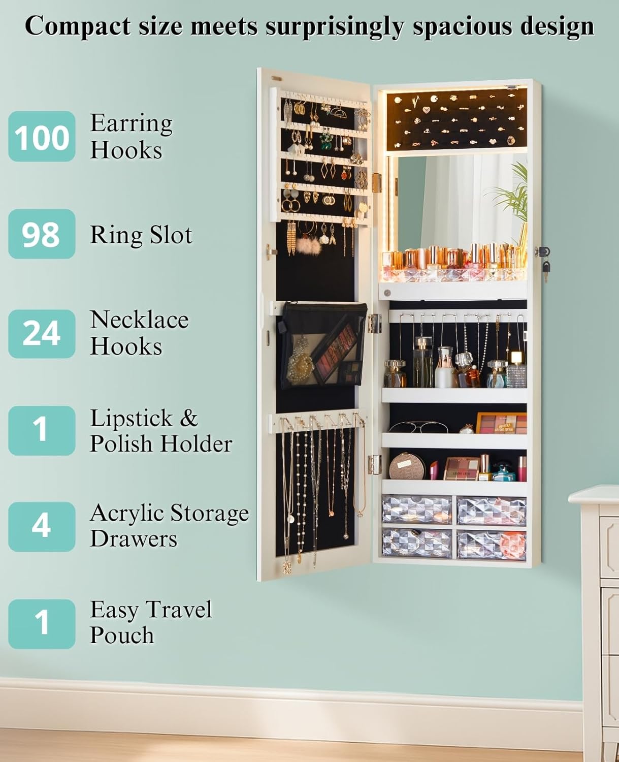 LUXFURNI Full Length Mirror with Storage, 79 LED Lights Mirror Jewelry Cabinet, Wall Mounted or Door-Hanging Jewelry Armoire Organizer with Mirror, Built-in Makeup Mirror, White