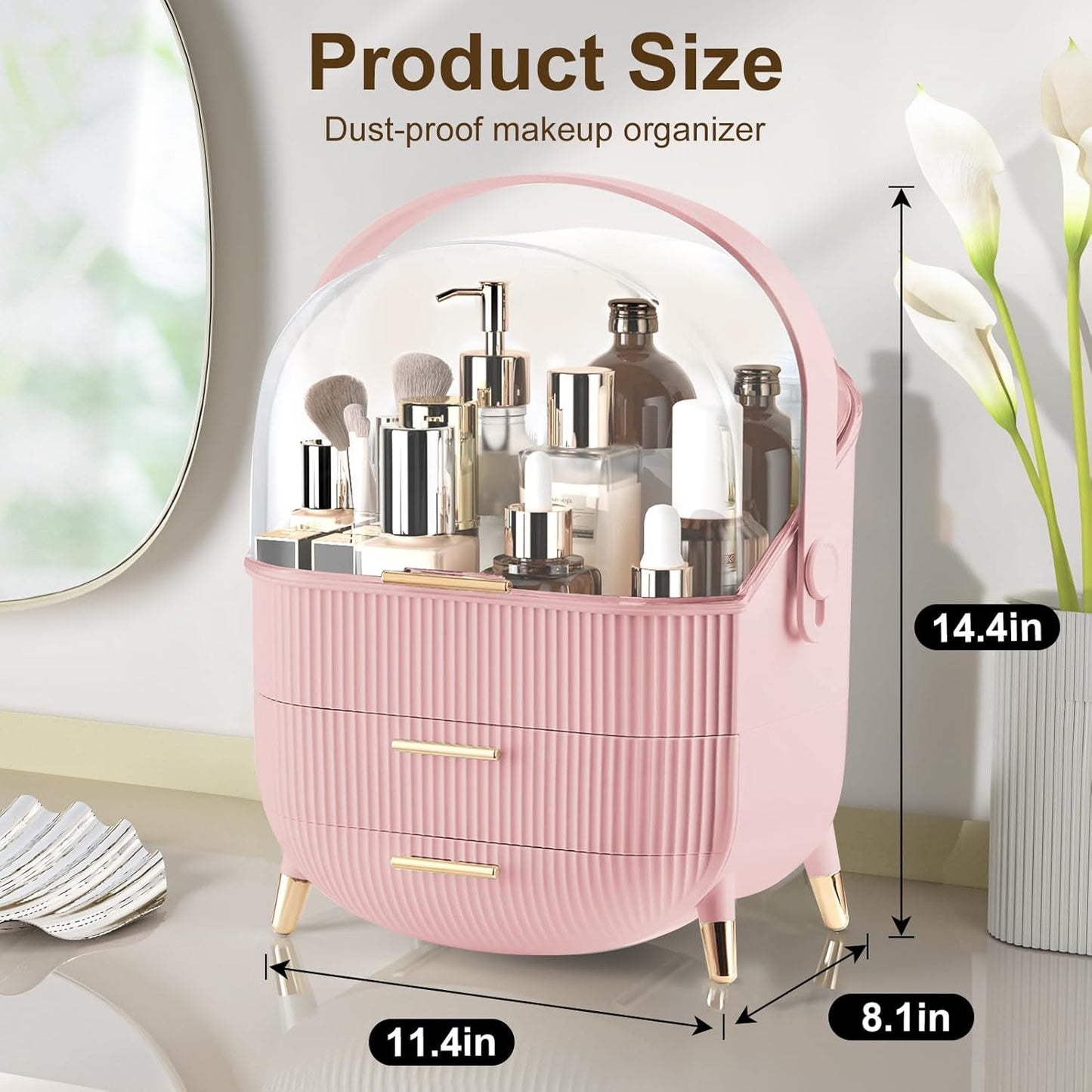YGJT Make up Organizers and Storage, Makeup Organizer for Vanity, Cosmetics Skincare Organizers with Lid and Drawers, Cosmetic Display Cases for Countertop, Bathroom, Ideal Gifts for Women(Pink)