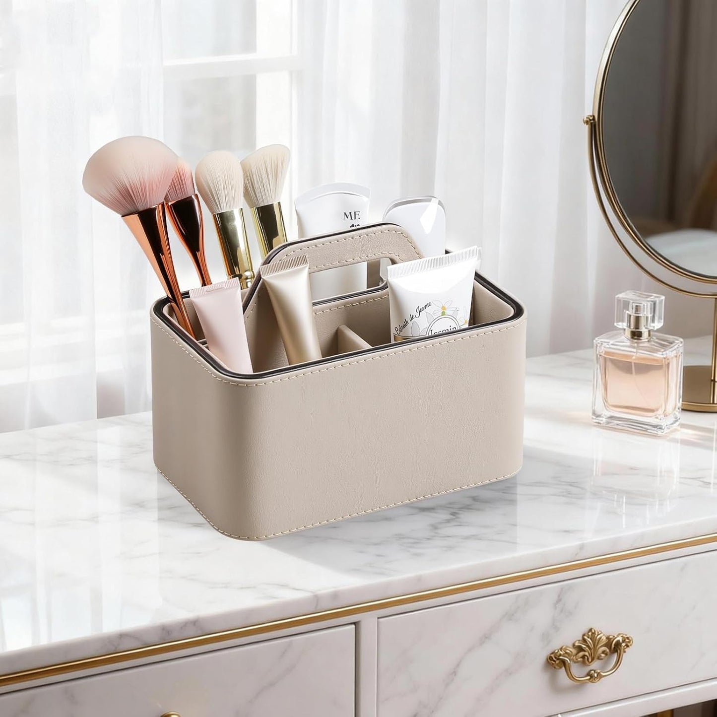 Caddy Organizer with Handle, PU Leather Remote Control Holder Desk Caddy, Portable Makeup Office Supply Organizer for Bathroom, Nightstand, Dresser (Beige)