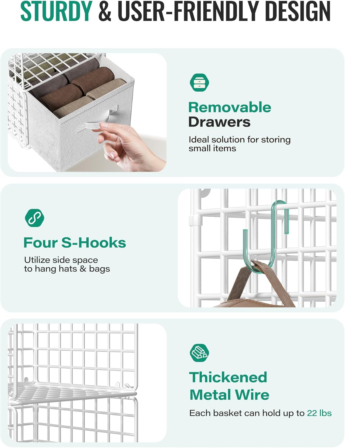 Hanging Closet Organizer with Drawers, 4 Tier Metal Closet Organizers and Storage with 4 Hanging Hooks 4 S-Hooks for Wardrobe Laundry Room, Wire Storage Shelf for Clothes Sweaters Pants (White)