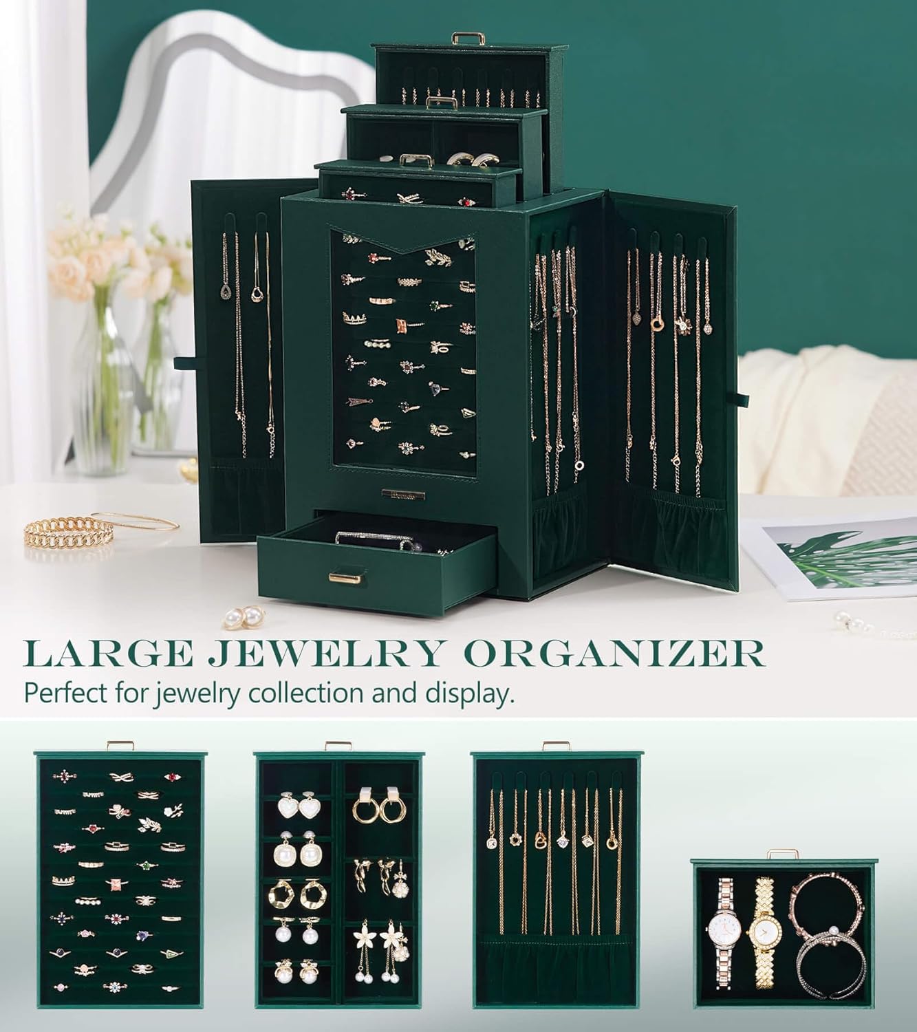 Homde Jewelry Organizer with Transparent Window Necklace Hooks Gift for Women Jewelry Box Display Case for Necklaces Rings Earrings Bracelets and Other Accessories (Forest Green)