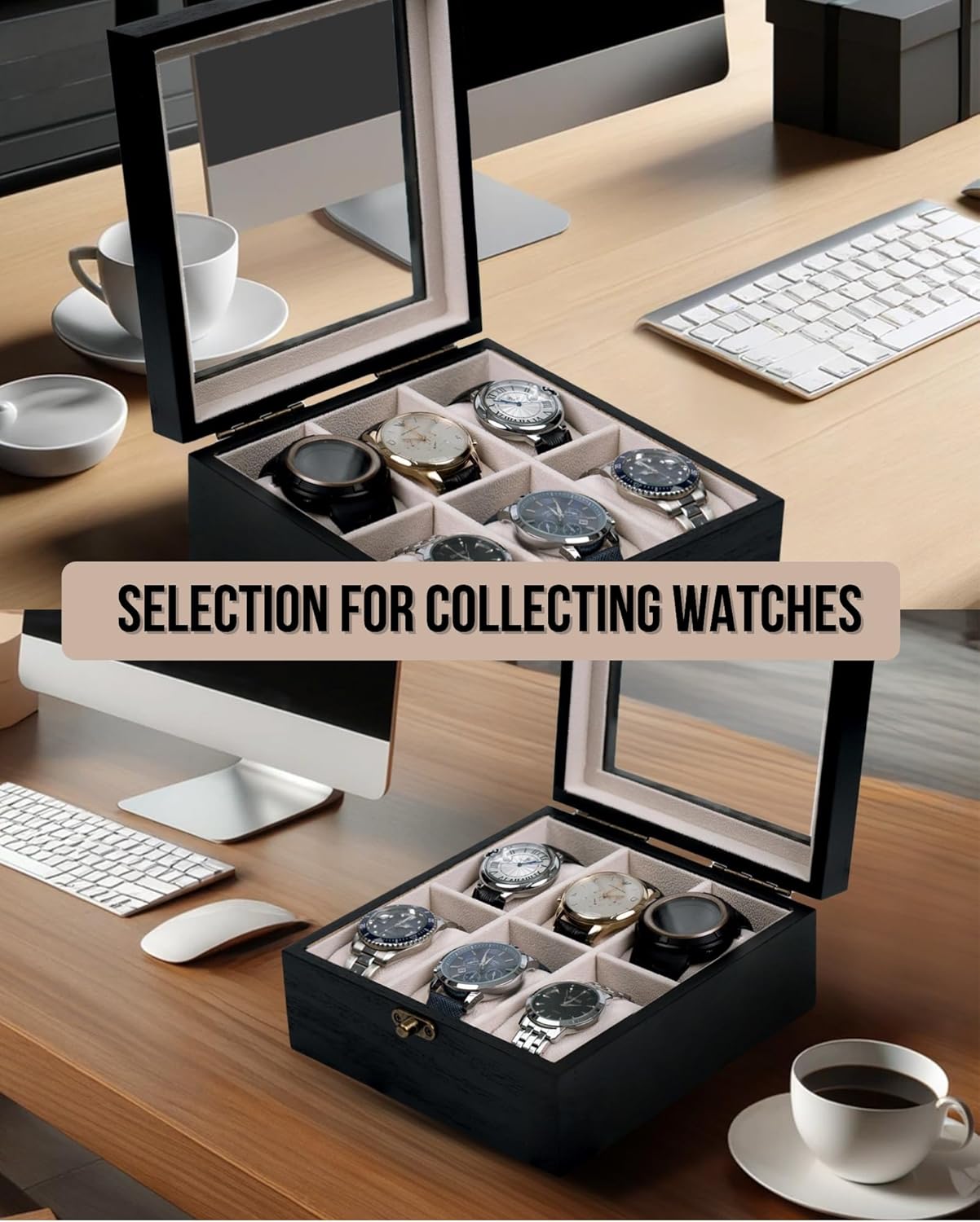 Watch Box, Watch Case for Men Women with Large Glass Lid, Wooden Watch Display Storage Box with 6 - Slots, Charcoal Black 6x2 Mens Watch Box Organizer