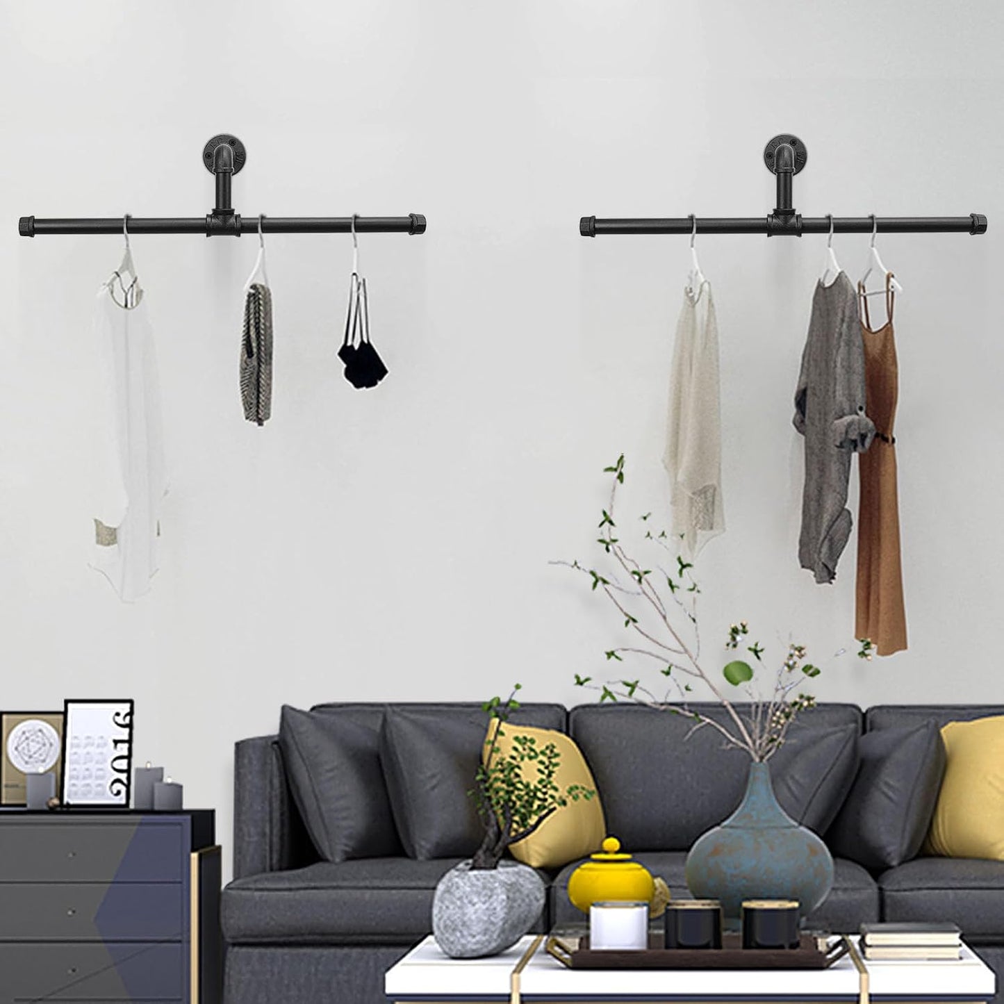 Industrial Pipe Clothes Rack Floating DIY Wall Mounted, Heavy Duty Rustic Vintage Clothing Rod, Metal Garment Bar Space-Saving Hanging for Bedroom, Bathroom and Laundry Room (Black 20 inch)