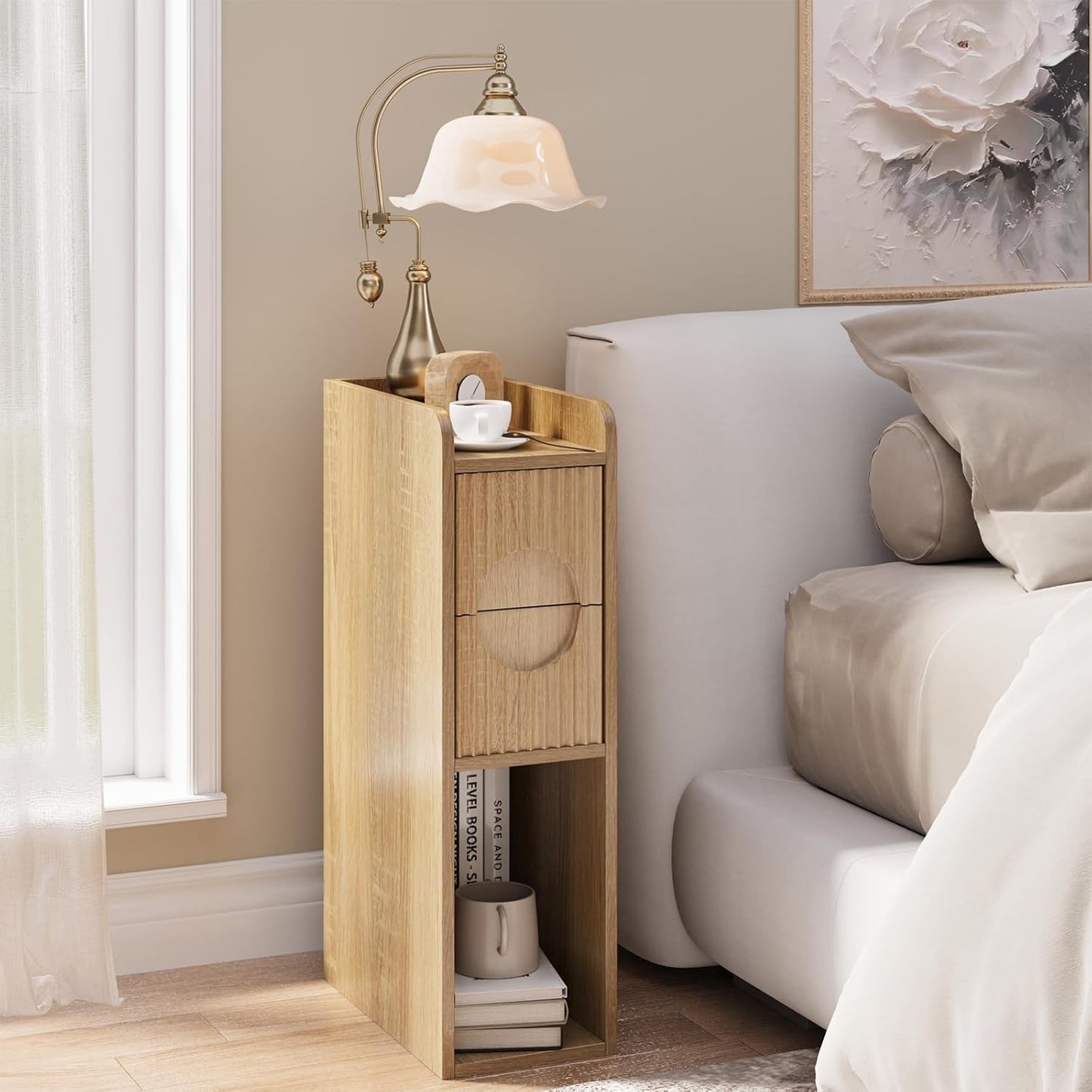Slim Bedside Table Set of 2, Narrow Nightstand with Drawers, Fluted Wood Nightstand, Mid Century Modern End Table, Skinny Tall Nightstand, for Bedroom Natural