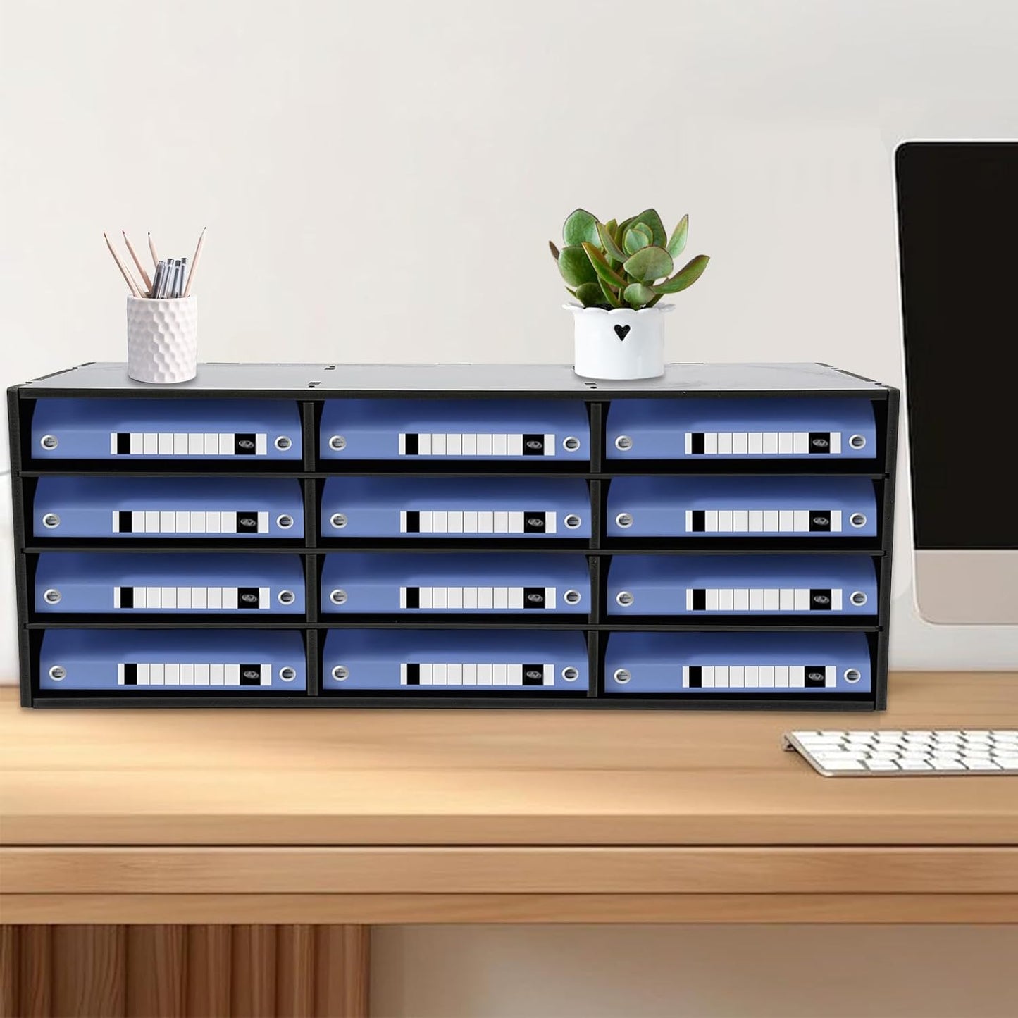 12 Compartments Literature Organizer, Desktop File Sorter Mail Center Paper Storage Cabinet Classroom Mailbox for Files Documents Papers Magazines(White) (Black 12 Slots)