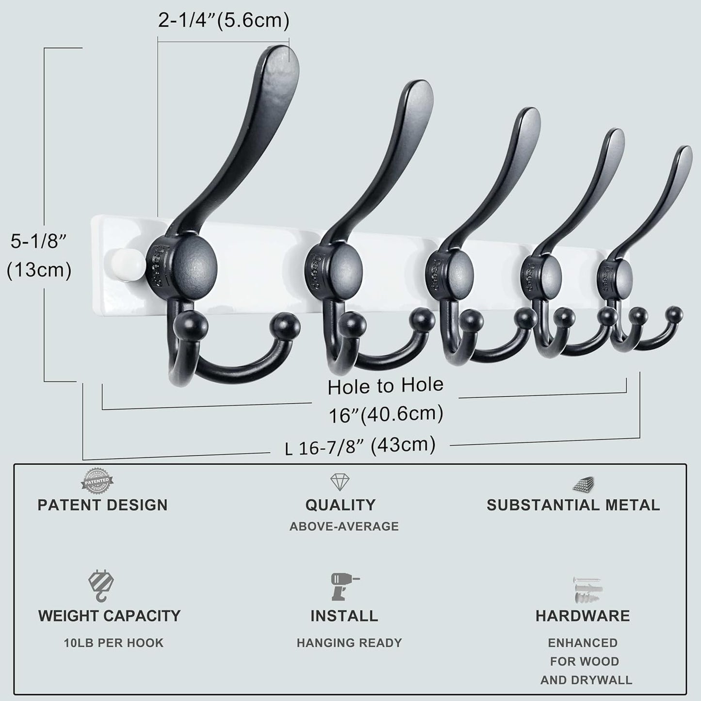 Dseap Coat Rack Wall Mount 2.0 Pro: Heavy Duty 300% Thicker, 16" Stud Mount, Stainless Steel Wall Coat Hooks Hanger for Clothes Jackets Hats Entryway Closet, MaxStrong Series, White & Black