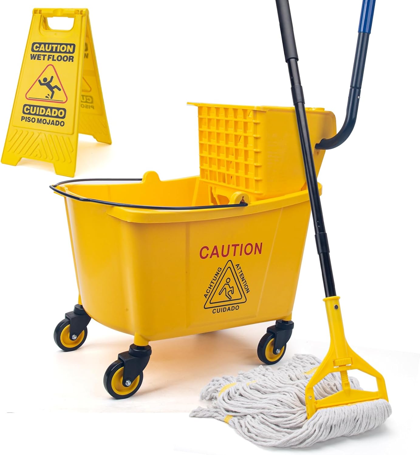 Kefanta 35 Qt Side Press Wringer Combo Commercial Mop Bucket on Wheels Set,Yellow,Include 1 Heavy Duty Industrial Mop for Floor Cleaning and Wet Floor Caution Sign