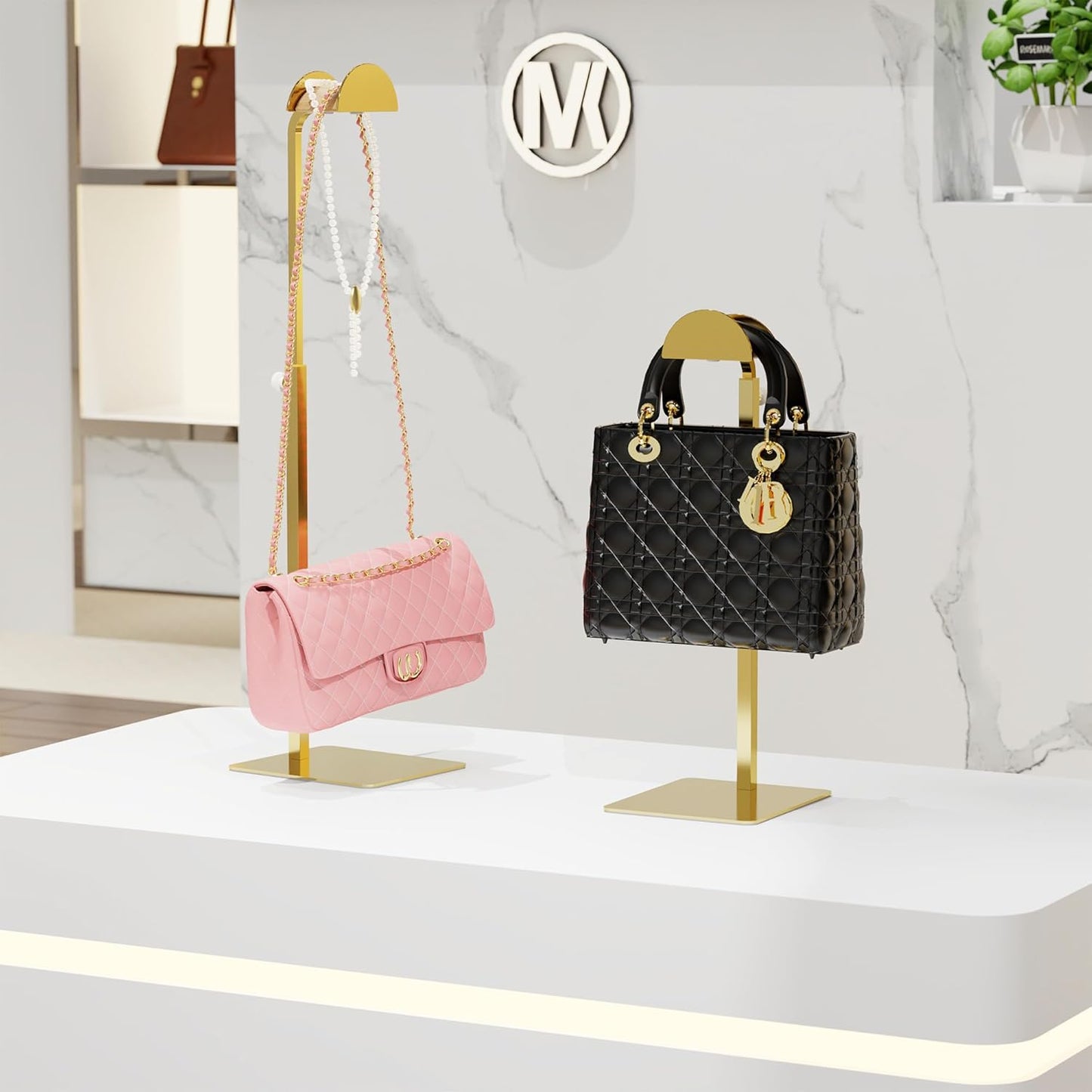 3 Pack Purse Display Stand, Handbag Purse Rack Stand Stainless Steel with Adjustable Height from 14.27" to 24" for Tabletop, Closet, Desk, and Retail Use - Metallic Gold