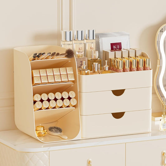 Makeup Organizer with Brush Holder for Vanity,Countertop Makeup Organizer with Drawers,Spacious Cosmetic Display Case,Perfect Storage Solution for Your Beauty Essential (All Cream, Large)