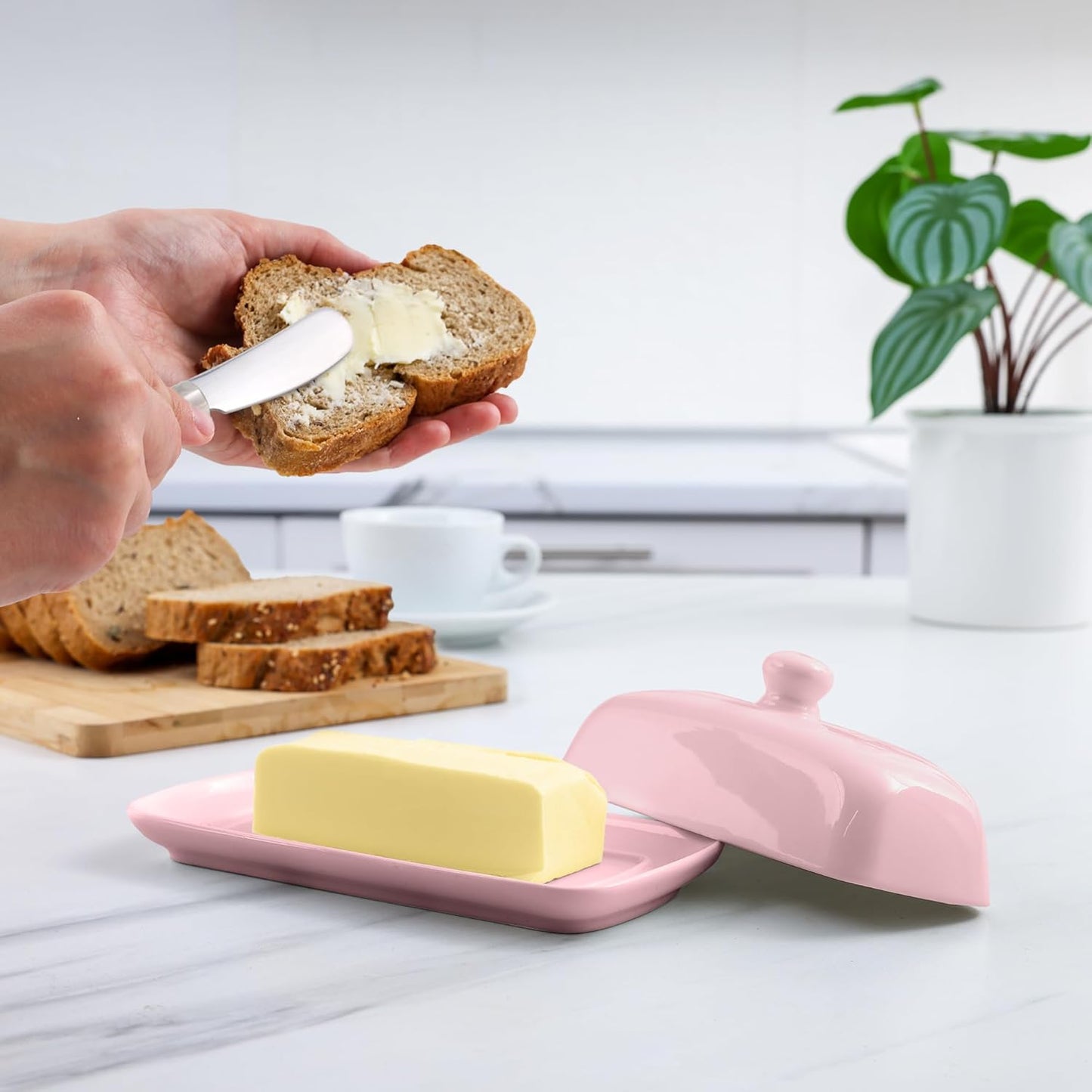 Zulay Butter Dish With Lid For Countertop - Porcelain White, Ceramic Butter Dish with Knob Handle Great for Cooking - Elegant Design Butter Holder - Durable & Sturdy Butter Keeper - Pink