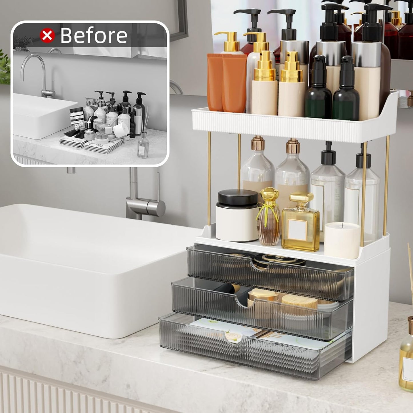 Strong 3 Drawers Bathroom Counter Organizer, 5 Tier Makeup Organizer, Versatile Perfume Organizer, Ideal for Bathroom Storage, Vanity, Large Skincare, Perfume, Present, Grey