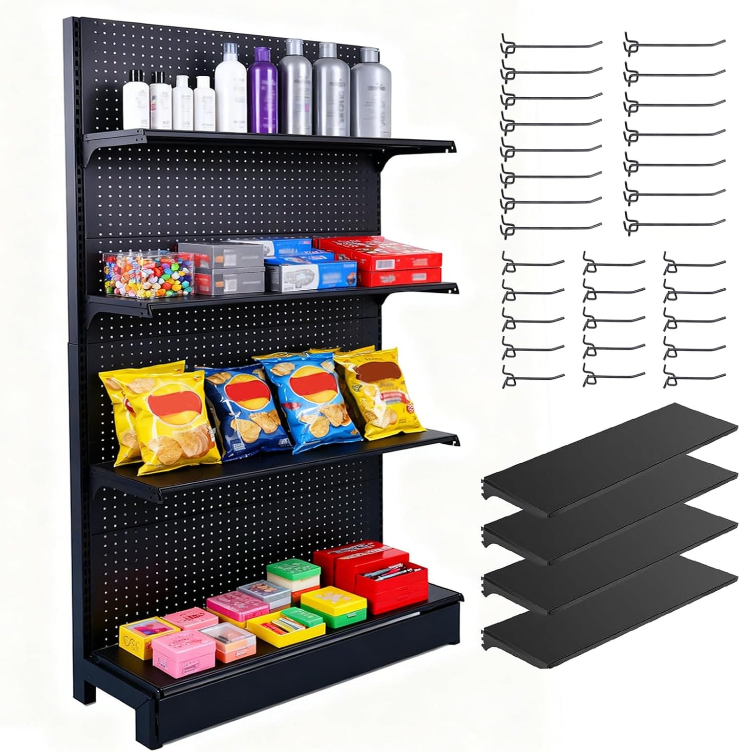 Pegboard Display Stand, Retail Shelving Wall Display with Extra 30 Pieces Hooks, Standing Peg Board Display with 4 pcs Single Side Board Panels, for Supermarket, Grocery Stores, Black