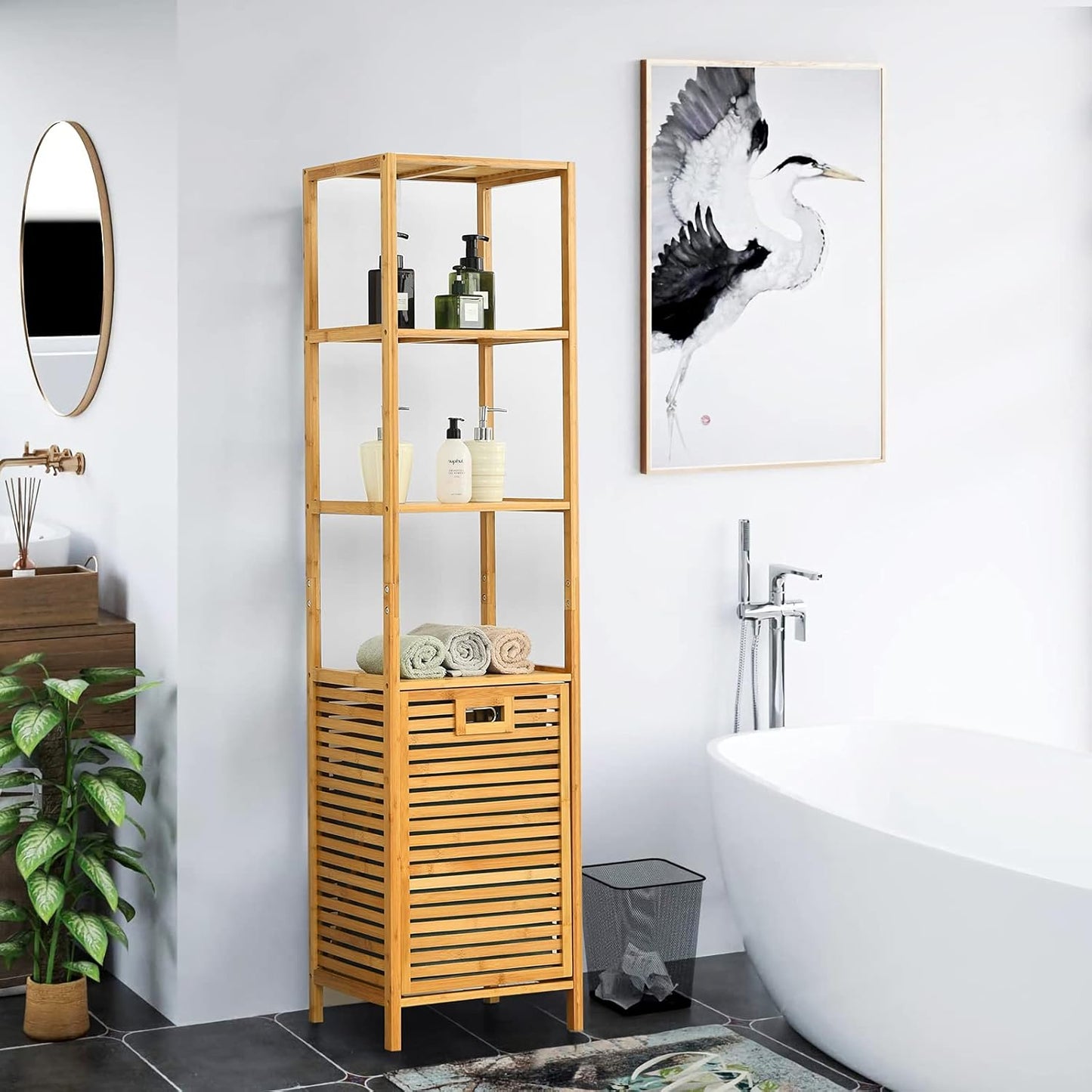 Giantex 63'' Tilt Out Laundry Hamper and 4-Tier Storage Shelves, Removable Clothes Basket with Easy Carry, Bamboo Tower Hamper Organizer, Great for Bathroom, Bedroom, Laundry Room, Closet, Nursery