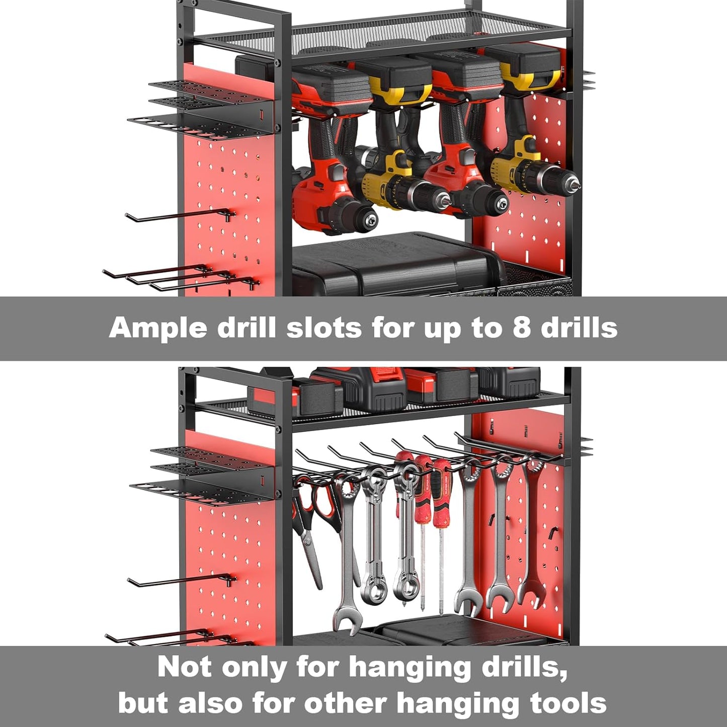 CCCEI Garage Power Tools Organizer Cart with Charging Station, Black Floor Standing Rolling Drill and Tools Battery Storage Cart on Wheels. Red Utility Rack Gift for Men, Husband, Father.