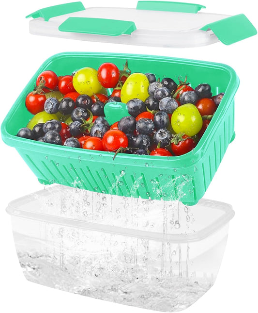 68oz Berry Keeper Fruit Storage Container for Fridge, Fresh Food Produce Saver Containers with Removable Drain Colander, Vegetable Lettuce Keeper Bowl, Refrigerator Organizer, PRESS TO OPEN CLOSE LID
