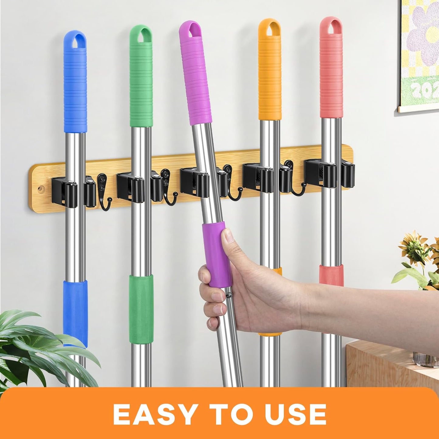 IMILLET Broom Holder Wall Mount, Bamboo Broom Hanger with 5 Racks 4 Hooks, Mop and Broom Holder Wall Mount Self Adhesive, Home Organization and Storage for Laundry Room, Closet, Utility Room