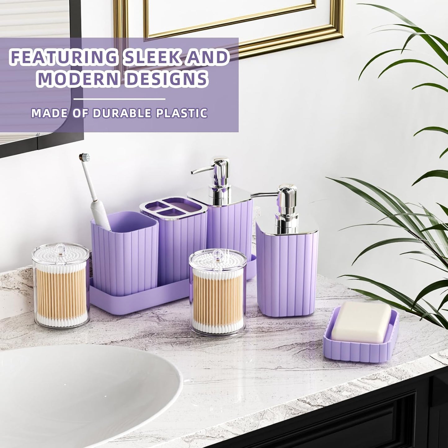 Bathroom Accessories Set - Gorgeous Purple Bathroom Set, 10PC Bathroom Accessory Set, Toilet Brush, Trash Can & Soap Dispenser