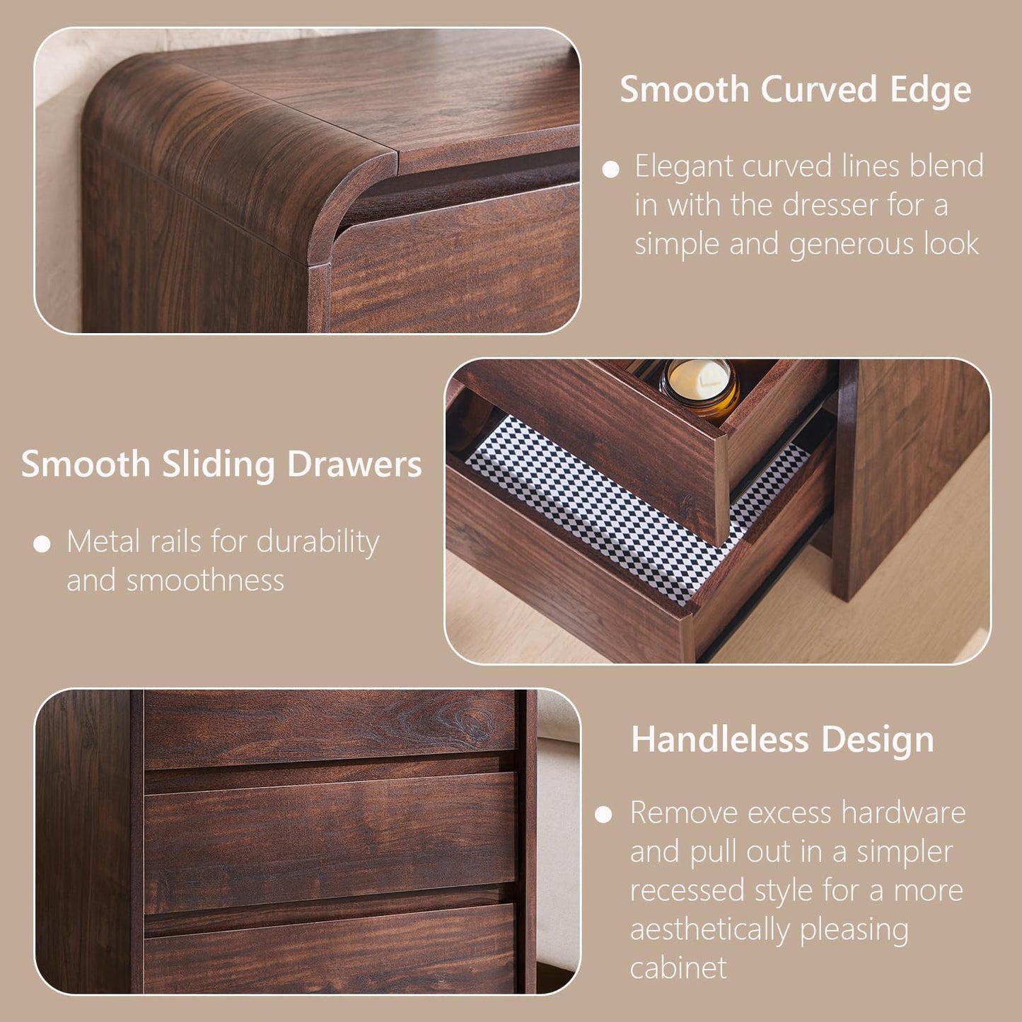25" Tall Modern Nightstand Set of 2, 23.6" Wide Wood Bedside Table with Charging Station, 3 Storage Drawers Side Table w/Curved Profile Design,End Table for Bedroom, Living Room, Brown