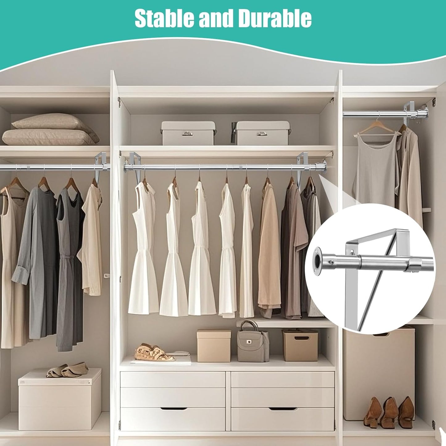 Closet Rod, 16 to 100 Inch Closet Rods Heavy Duty Adjustable Wardrobe Poles for Hanging Clothes and Heavy Duty Bracket Closet Pole Support (The Shelf NOT Included)(Silver)