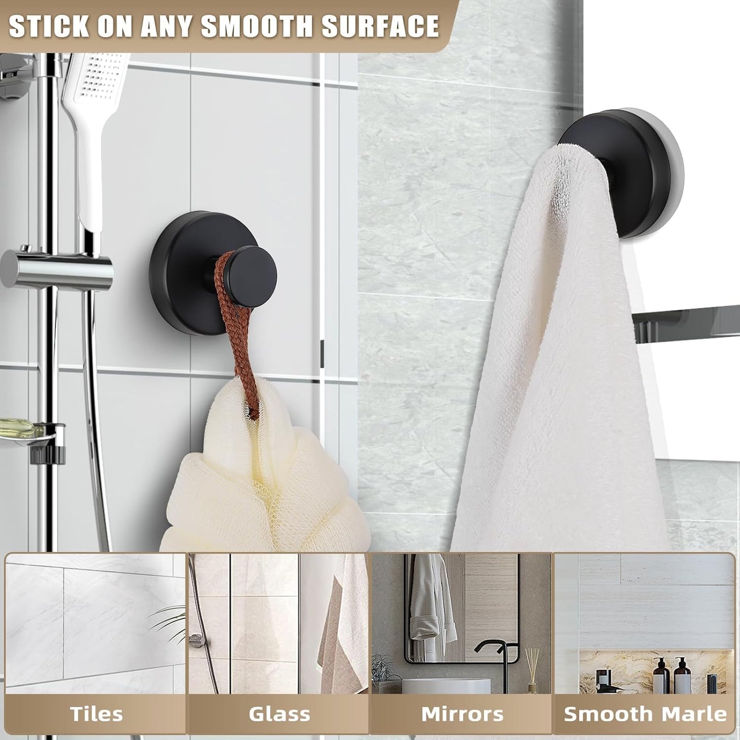 Suction Cup Hooks for Shower No-Drill Bathroom Hooks for Towels, Robes, Loofah Mountable on Bathroom Walls, Kitchen, Glass, Mirrors, Tile and Smooth,Non-Porous Surfaces (2, Matte Black)