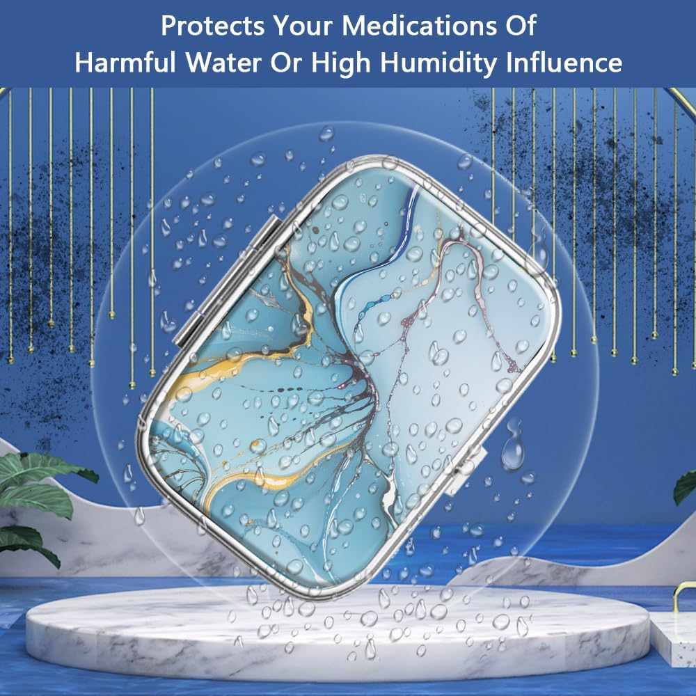 Pill Box 2 Compartment Medicine Pill Case,Portable for Pocket or Purse Pill Box Decorative Metal Medicine Vitamin Organizer Unique Gift（Bule Marble）