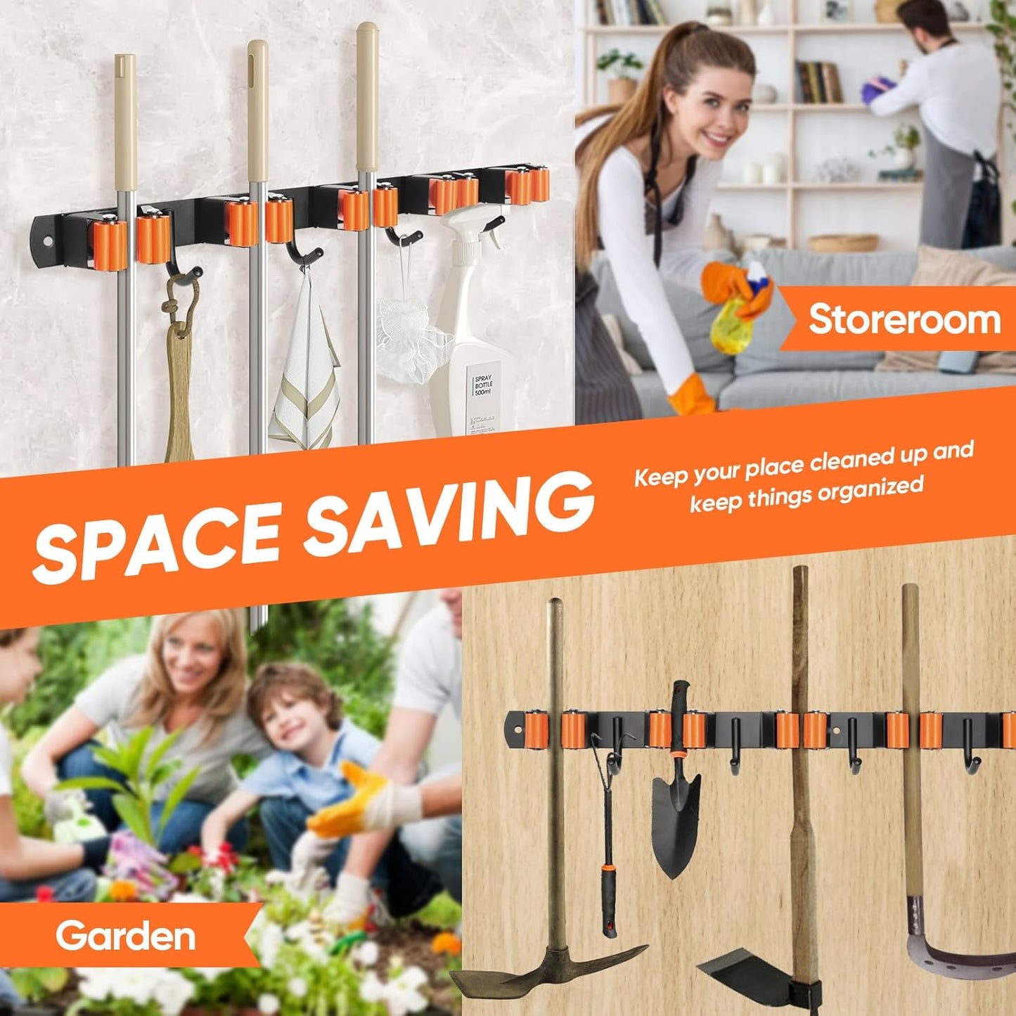 Gorlary Mop and Broom Holder Wall Mount, Broom Hanger Organizer Storage Racks, 17" SUS304 Stainless Steel Heavy Duty Utility Hooks, Black (5 Racks and 4 Hooks)