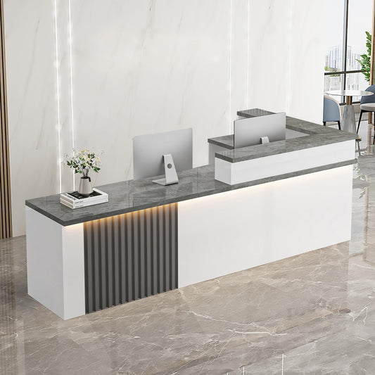 Receptionist Desk with LED Light，Wooden Salon Checkout Counter with Storage Drawer & Keyboard Tray Modern L-Shaped Reception Desk for Barbershop Office Company Store