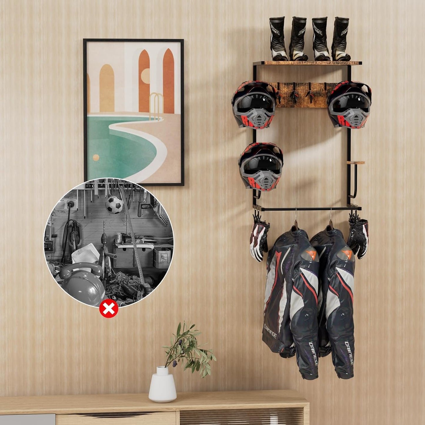 Motorcycle Helmet Holder Wall-Mounted Helmet Rack with 4 Glove Chips& Hooks - Rustic Bike Helmets Storage Organizer, Universal Wall Mount for Helmets, Gear, Clothes, Accessories，Retro