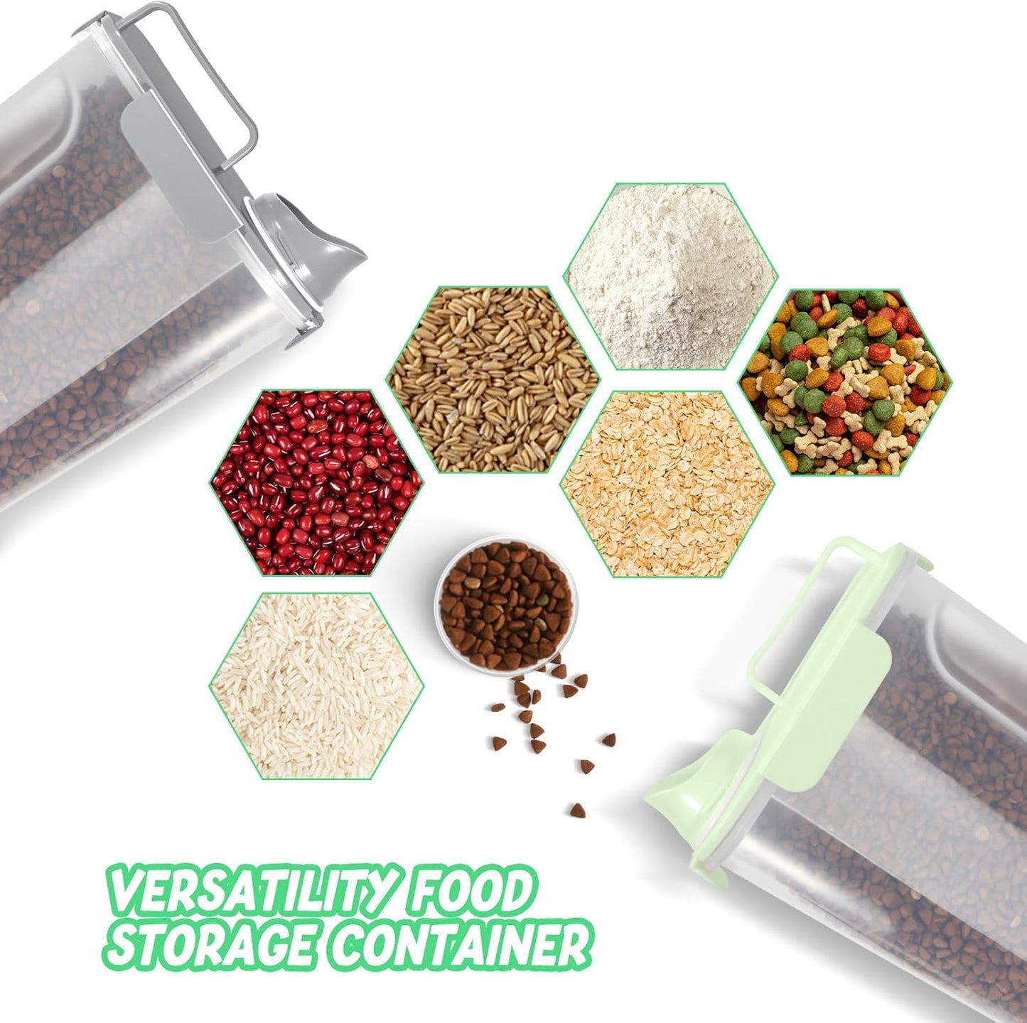5-7Lbs Dog Cat Food Storage Container with Upgraded Large Nozzle BPA-free, 4 Snap Seals Plastic Pet Food Storage Containers with Handles (Light Green+Light Gray, 5L-2pack)