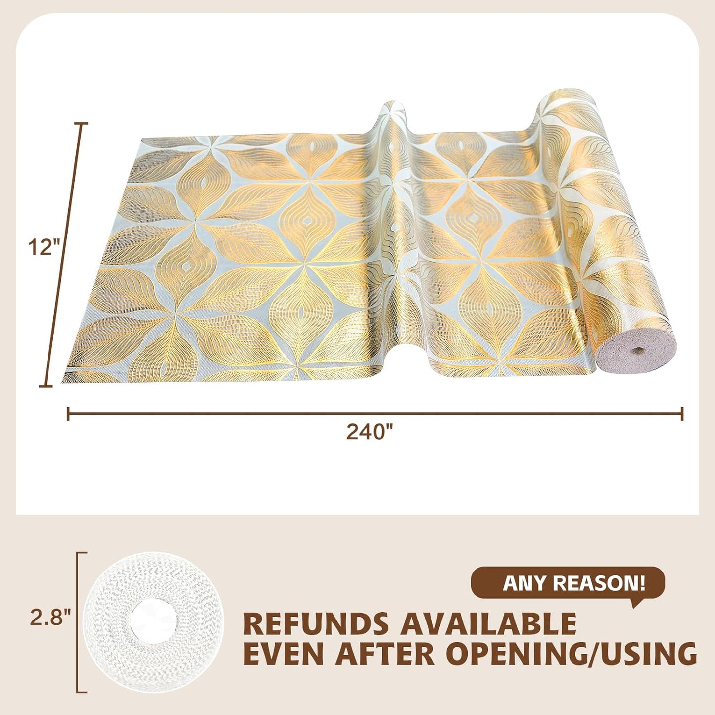 Drawer and Shelf Liner for Kitchen Cabinet,Non-Adhesive Waterproof Drawer Liner for Dresser & Bathroom Vanities with Adhesive Dots & Cutting Tool(18 in X 20 Ft Gold Leaf Pattern)