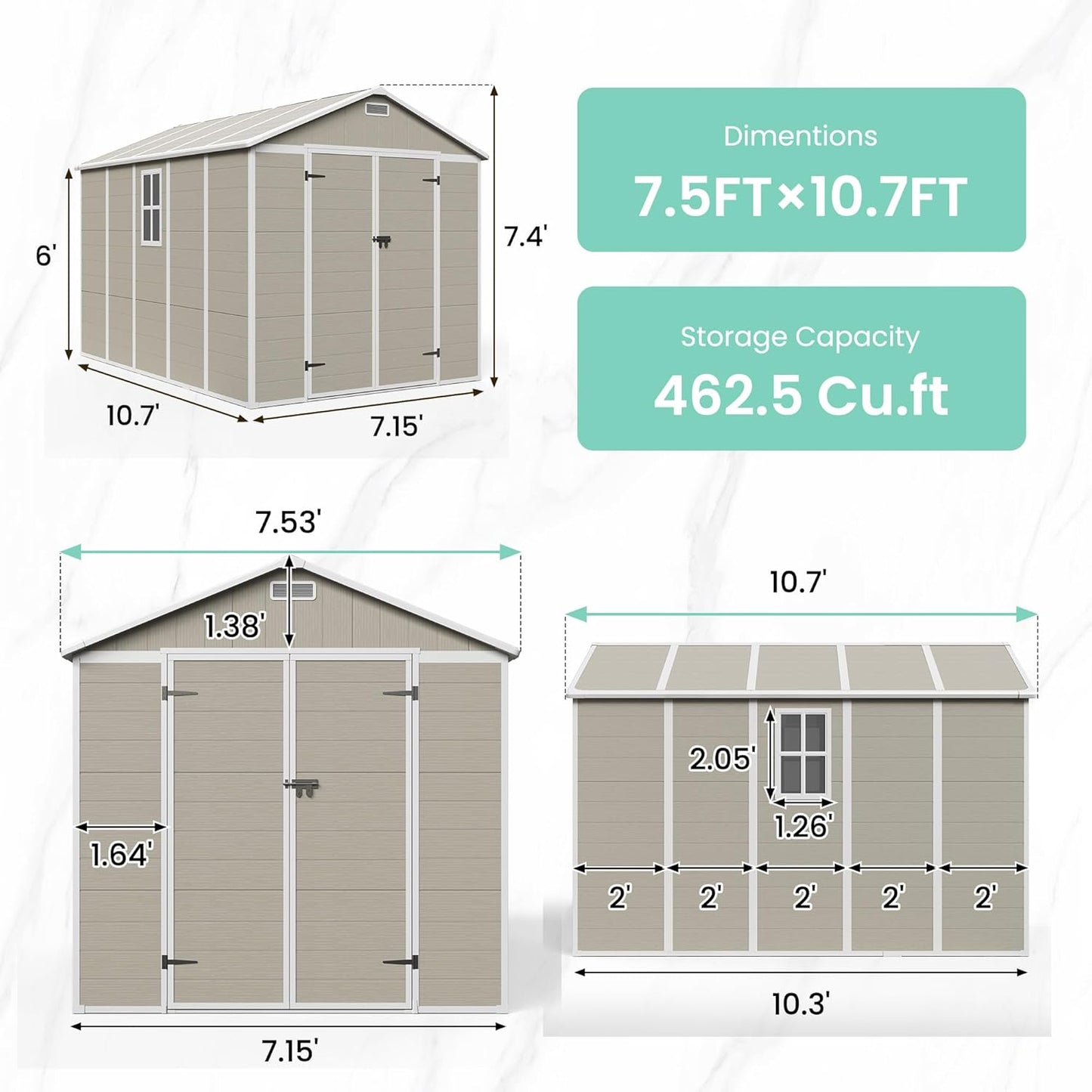 UDPATIO Outdoor Shed 7.5x10.7 FT, Plastic Storage Shed for Bike, Garbage Can, Tool, Outside Sheds & Resin Shed with Lockable Door for Backyard, Patio, Lawn, Standstone