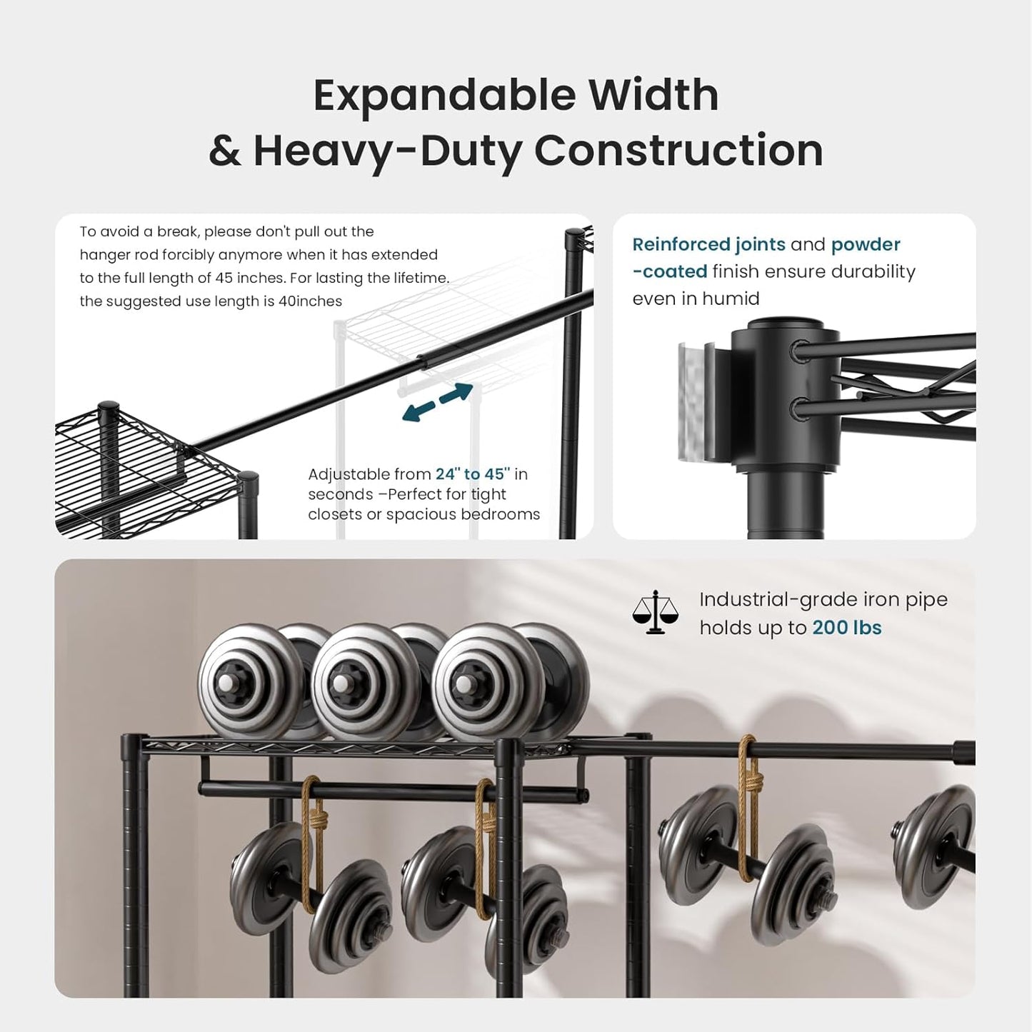 Metal Garment Racks Heavy Duty Clothes Rack Adjustable Freestanding Expandable Industrial Pipe Clothing Rack for Hanging Clothes - 70" L x 16" W x 76.7" H, Black