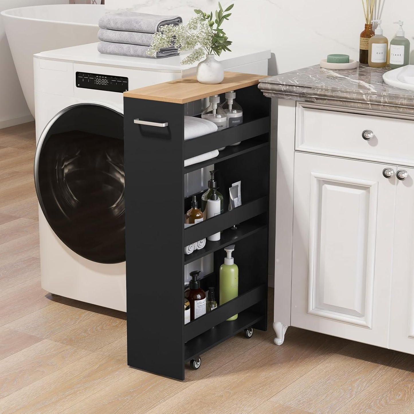 LOKO 4-Tier Rolling Storage Cart, 8 Inches Slim Kitchen Cart on Wheels with Open Shelves & Handle, Laundry Room Cart Between Washer and Dryer, for Bathroom Next to Fridge (Black & Natural)