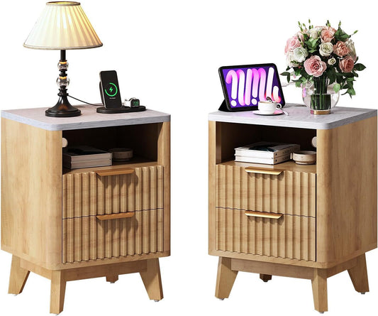 AMERLIFE Fluted Nightstand Set of 2 with Charging Station and Faux Marble, Natural Oak