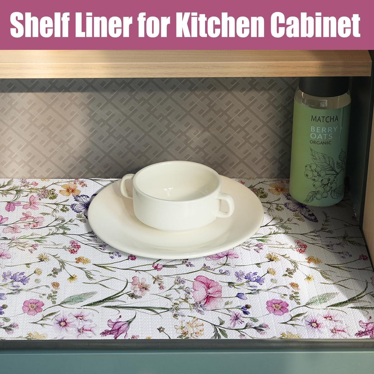 Drawer and Shelf Liner for Kitchen Cabinets,Non-Adhesive Drawer Liner,Non-Slip Floral Shelf Liners,Strong Grip Waterproof Easy to Clean Cabinet Liners for Drawers Cupboard Shelves 12IN×16.4FT