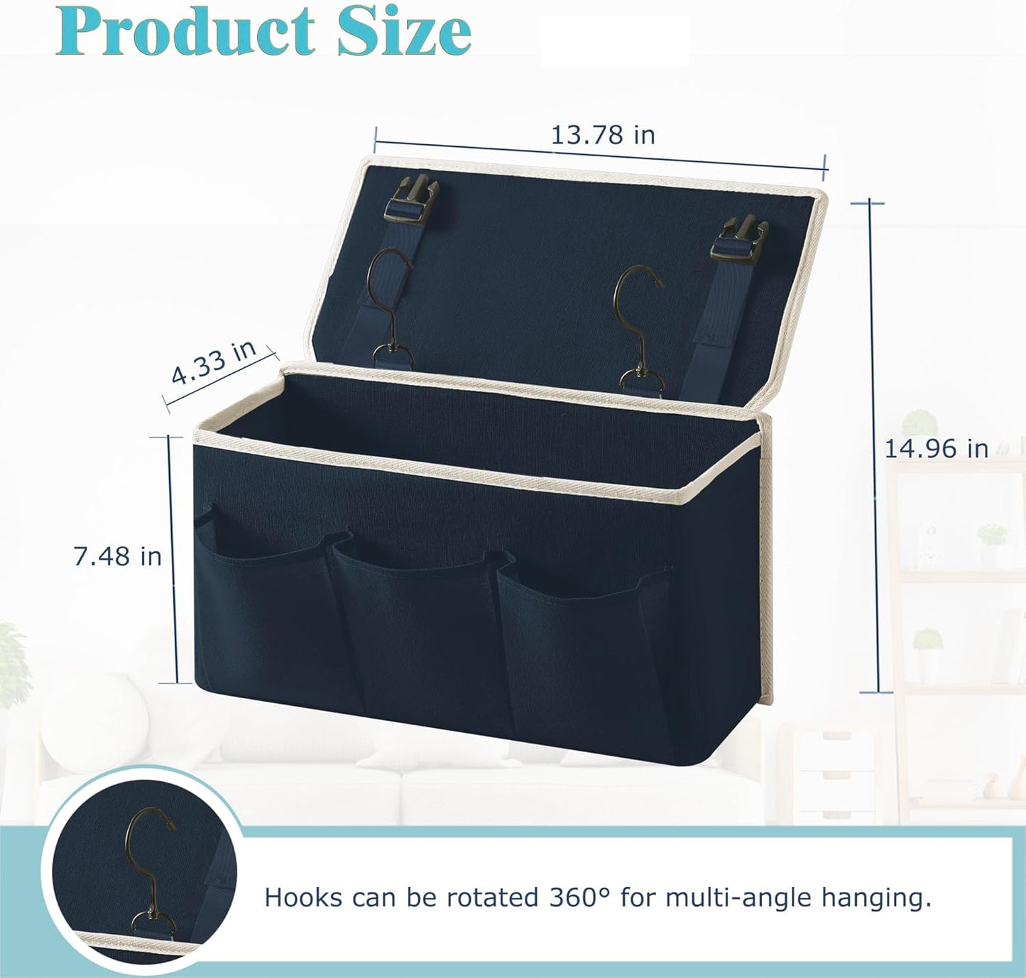 Bedside Caddy/Bedside Storage Organizer Hanging Bag with Three Options,Suitable for home beds, sofas, and dormitory beds—can hold magazines, books, phones, iPads, remote controls. (Navy Blue)