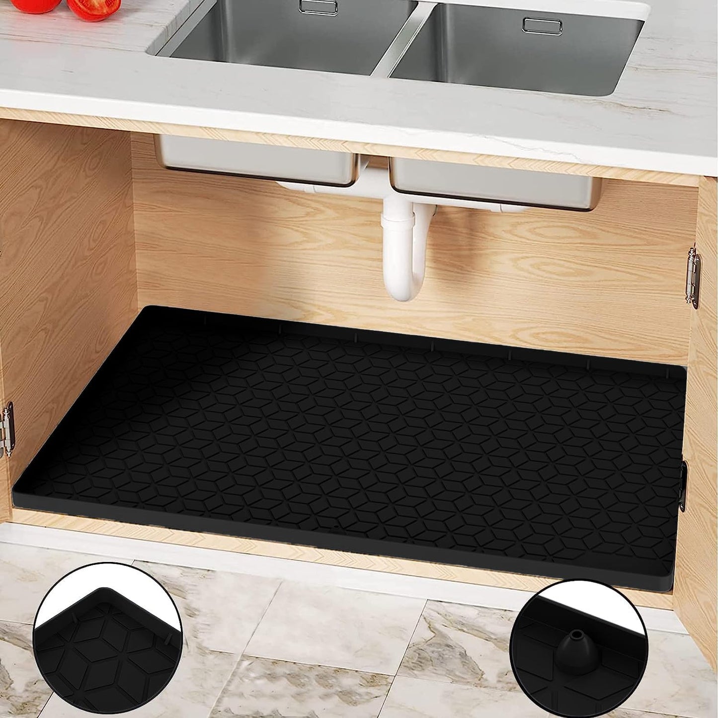 Under Sink Mat for Kitchen, Silicone Waterproof Liner, Flexible Organizer Tray with Drain Hole, 3.4 Gallons Capacity, Easy to Clean