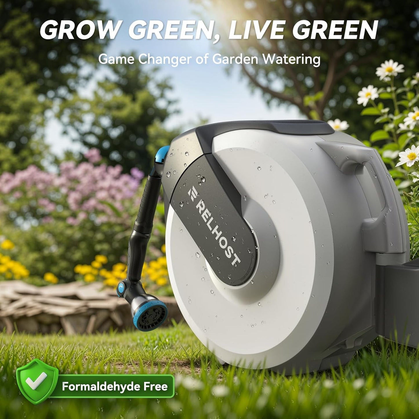 Retractable Garden Hose Reel 65 ft x 1/2 in, Heavy Duty Hose Reel Wall Mount with Any Length Lock, Auto Rewind System, 180° Swivel Bracket, 10-Pattern Garden Hose Nozzle, White & Grey