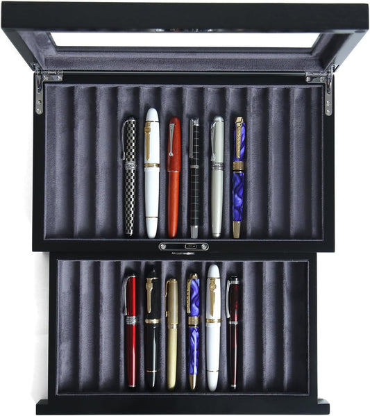 Wood Pen Display case 24 Slot Fountain Pen Box Storage Organizer with Drawer, Top Glass Window Pen Collection Display Case