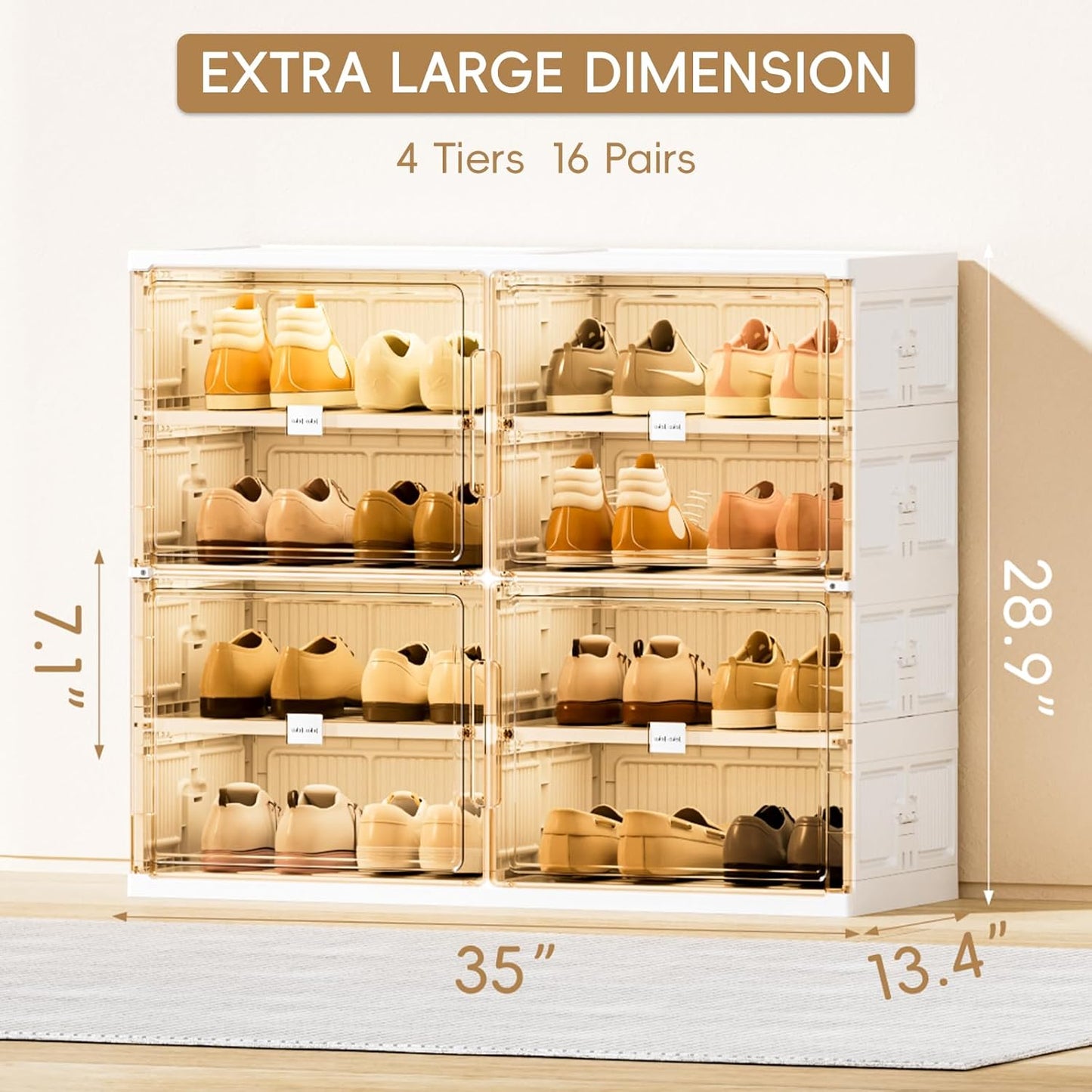 JEKO&JEKO 4 Tiers Foldable Shoe Rack Organizer Cabinet for Closet Entryway, Large Collapsible Shoe Storage Box with Magnetic Doors Fits Up to 16 Pairs (White)