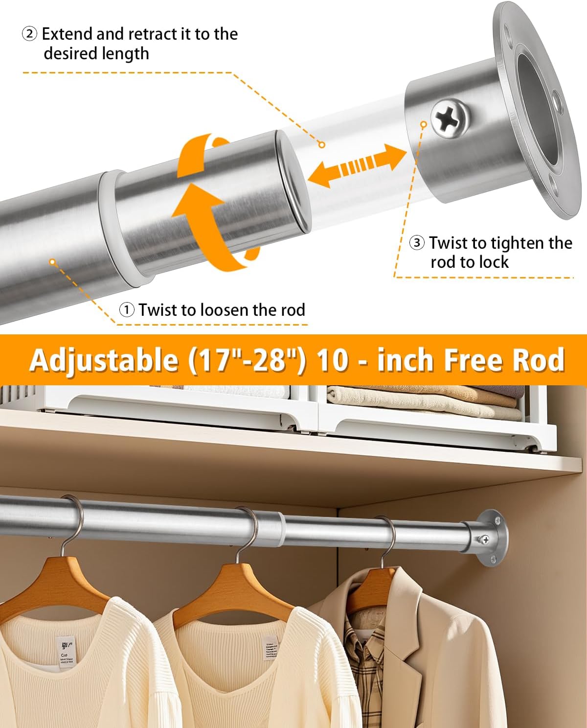 Closet Rods for Hanging Clothes, 17-28 Inch Heavy Duty and Stepless Adjustable Closet Poles, Stainless Steel Closet Hanging Rod for Closet, Wardrobes, Laundry Room, Bathroom, RV (Silver)