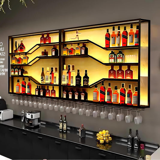 118in Wall Mounted Wine Rack with LED Light, 5-Tiers Liquor Bottles Display Shelf with Glasses Holder, Metal Home Bar Shelves with Industrial Iron Frame for Kitchen (Black, 118in/9.84ft)