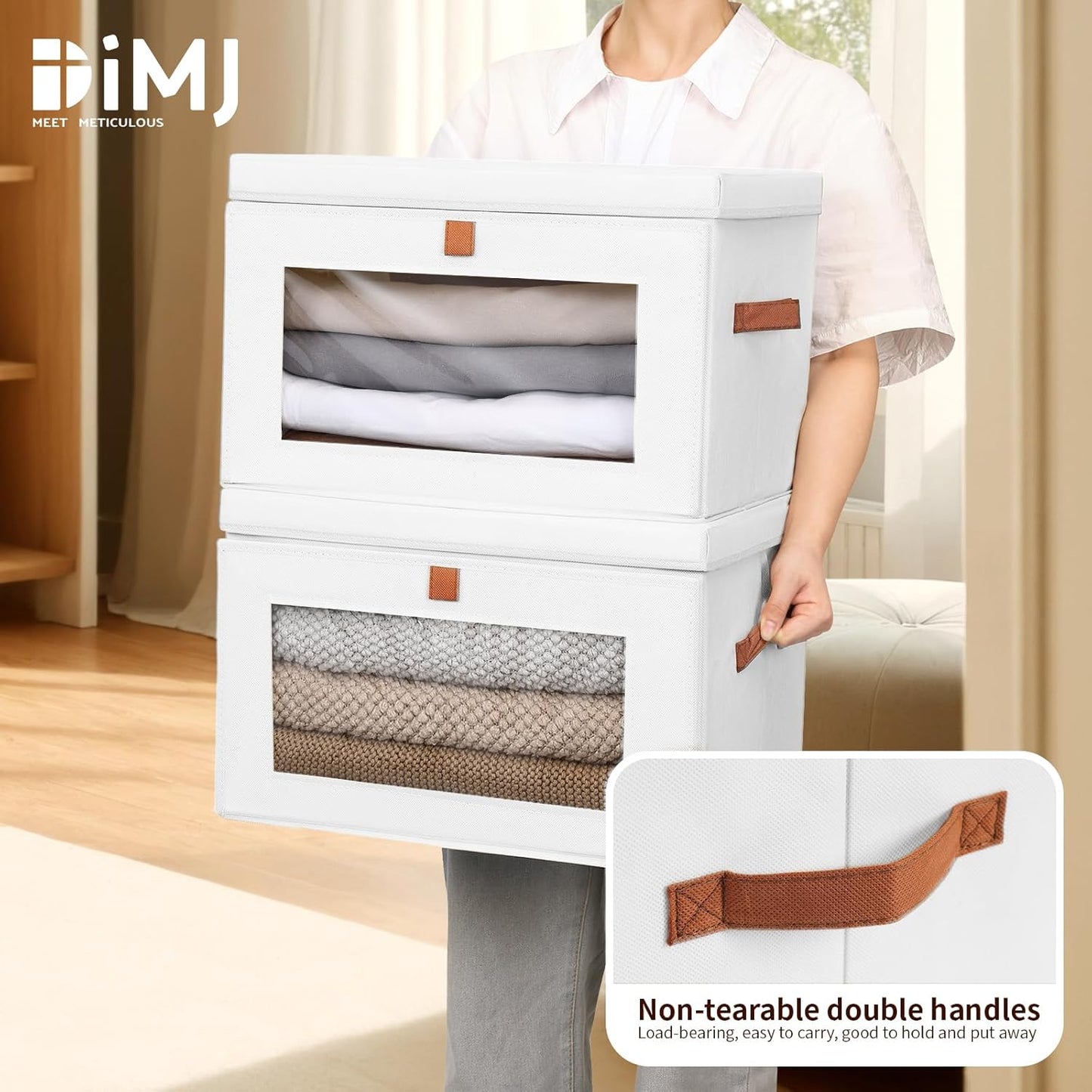 DIMJ Storage Bins with Lids - 4 Pack Large Fabric Closet Organizer with Window & Handles, Collapsible Decorative Storage Boxes for Shelves Under Bed, Books Clothes Blankets Sweaters Organization