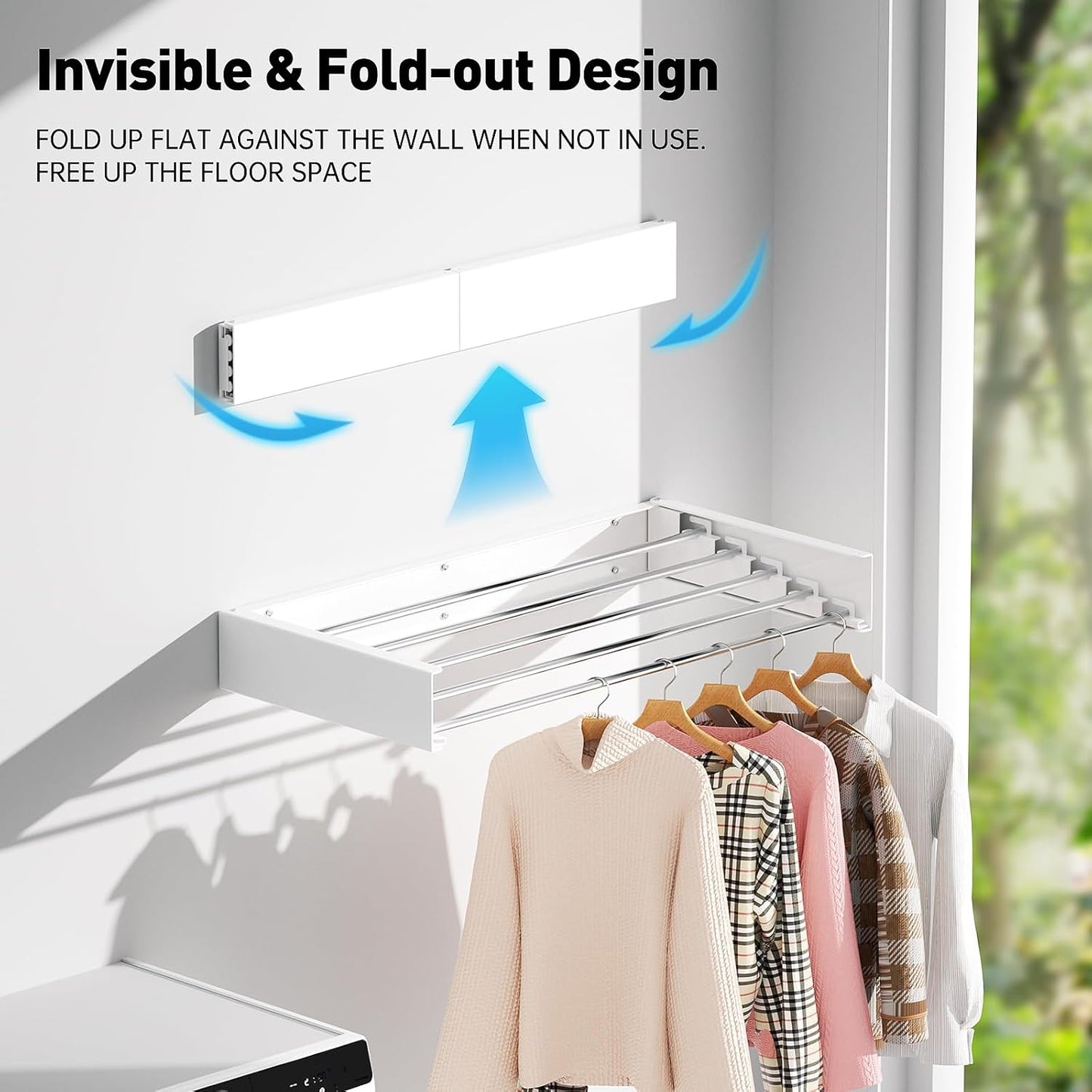 Wall Mounted Clothes Drying Rack, Extending Laundry Rack, Wall Mount Laundry Drying Rack Folding Indoor, 60lbs Capacity (5 Drying Rods, White 31.5")