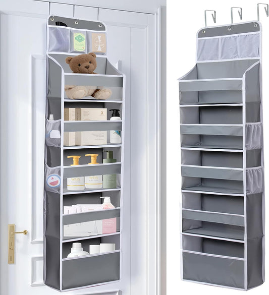 Over The Door Organizer 6 Tier with 12 Pockets & Reinforced Hooks - 59" Hanging Storage Organizer for Bathroom, Nursery, Pantry & Laundry (Light Grey)