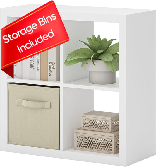 furtble Bookshelf with Storage Bin, 4-Cube Storage Organizer, Modern Wood Open Bookcase, Multifunctional Display Shelf for Living Room, Bedroom, Home Office, White